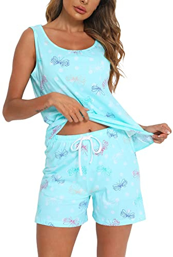 ENJOYNIGHT Women's Pyjama Sets Cotton Print Tank Top and Shorts Nightwear | Summer Two Piece Pjs Set, Loose Relaxed Fit, Adjustable Waist Drawstring, Stylish Daily Loungewear