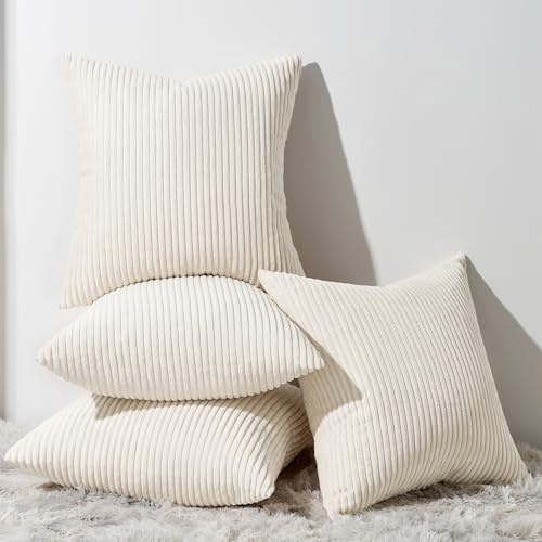 Topfinel Set of 4 Velvet Cushion Covers, Decorative Cushion Covers, Couch Cushion, Decorative Cover, Sofa Cushion Cover for Living Room, Bedroom, Office, 45 x 45 cm, Corduroy Cream