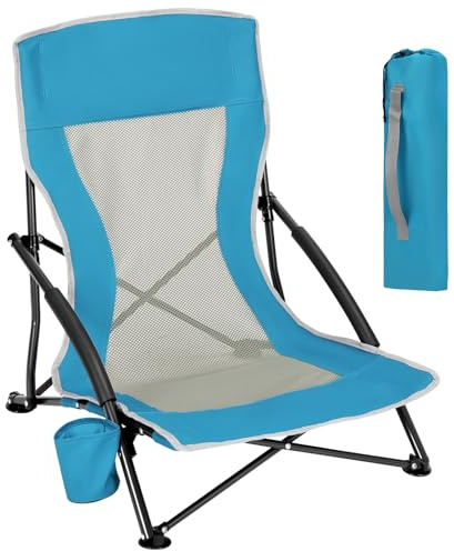 WOLTU Folding Beach Chair Low Camping Chair for Adults, Lightweight Outdoor Portable, with Breathable Mesh Back, Cup Holder, Carry Bag, Blue