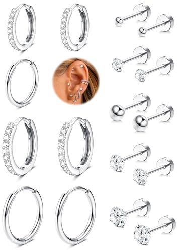 CASSIECA 9 Paar Ohrring Set, Ohrstecker Silber, 316L Chirurgenstahl Medizinische Ohrringe Set Cubic Zirkonia Runde Ohrstecker Hypoallergene Knorpel Huggie Hoop Ohrringe Mehrfach-Piercing
