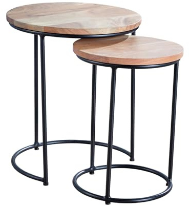 Home Source Acacia Wood Nest 2 Round Tables, Black Metal Frame