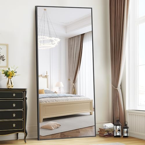 WOLIBEER Espejo Grande de Cuerpo Entero 192 x 85cm, Marco de Aluminio, Negro Pared Rectangular con Pie para Dormitorio, Vestidor, Sala de Gimnasia y Pasillo