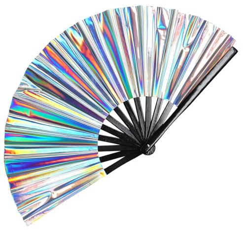 Grande ventilatore a mano per rave olografico, pieghevole, con linea di scoppiettamento, ventaglio portatile, per ballare, artigianato, rave, accessori per festival, abiti arcobaleno, feste, club