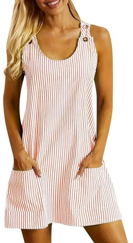 Robe Ete Femme à Rayures- Robe De Plage sans Manches avec Boutons Bretelles Col en U Mini Décontracté Classiques Simple Comfortable Chic Et Élégants De Tous Les Jours Passe-Partout Dress