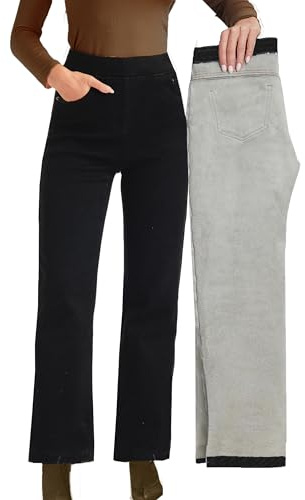 Fakanhui Jeans d'hiver à jambes larges avec doublure en polaire thermique et flanelle pour femme, noir, Taille XL