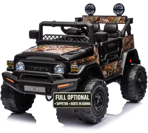 TOYSCAR Auto Macchina Elettrica per Bambini Jeep Toyota Fj Cruiser 12V Ruote in Gomma Full Optional Sedile Pelle Porte Apribili Tappetino e Telecomando (Nero)