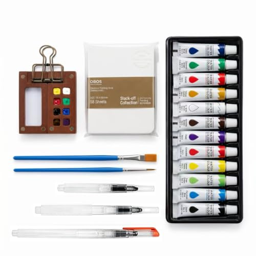 XINZSOUL Mini Watercolour Paint Set 8 Grids Travel Kit for Artists | pocket wooden palette, sketchbook, refillable water pen, brushes, magnetic clips for outdoor sketching