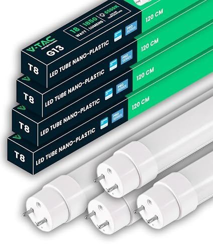 V-TAC 4x Tubi LED 120 CM con attacco G13 18W - 1850 Lumen - Chip Samsung - Tubi LED per Soffitto, Parete, Garage, Negozio - Tubo LED forma T8 - Sostituzione Neon - Luce Bianca Fredda 6500K