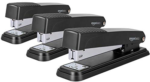Amazon Basics Full-Strip Metal Office Desktop Stapler, 20 Sheet Capacity, Non-Slip, Black, 3-Pack