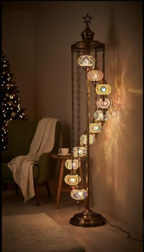 DEMMEX 11 Big Size 6.5 Globes Turkish Moroccan Mosaic Tiffany Style Floor Lamp, 100% Handmade in Turkey, Customizable, Tallest, 7ft