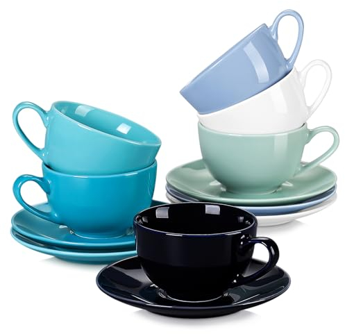 LOVECASA, Serie Sweet, set med 6 jumbokoppar set med 6 cappuccinokoppar med fat – flerfärgad keramik – diskmaskinssäker – 230 ml – för kaffe och te, kall blandad färg