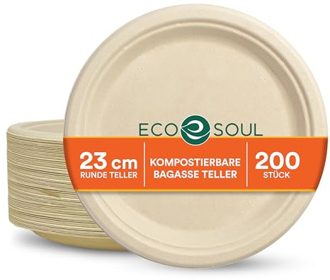 ECO SOUL Paper Plates (23Cm) 9 Disposable Plates - Natural (200-Pack) | Bagasse Plates, Plastic-free & compostable, Microwave & freezer safe, Leak-resistant strength, Eco Friendly biodegradable