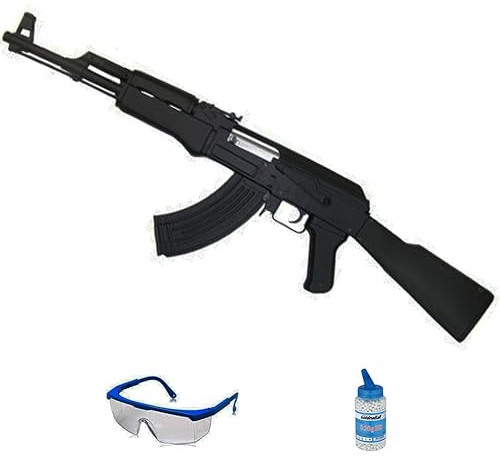 Ecommur. Cyma CM022B AK-47 Nero | Pistola elettrica per palline Airsoft 6 mm + Occhiali protettivi + Bottiglia 1000 0,20. (Potenza: 0,3 joule)