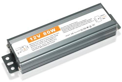 12 V 80 W,Transformador 220v a 12v, Transformador LED 12v 80w, IP67 Impermeable, Fuente Alimentacion 12V 6.7A Constante, Sin ruido/sin parpadeo de LED para bombillas y tiras LED MR16 GU5.3 MR11 G4