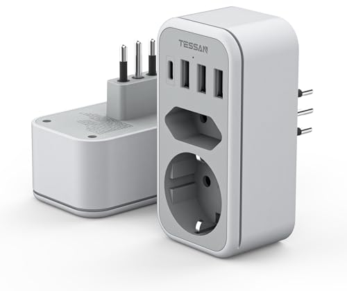 TESSAN Adapter Italien Steckdose, 6 in 1 Reiseadapter Italien mit 1 USB C und 3 USB A, 2500W Steckdosenadapter Reisestecker Stromadapter für Chile Uruguay, Adapter Typ L