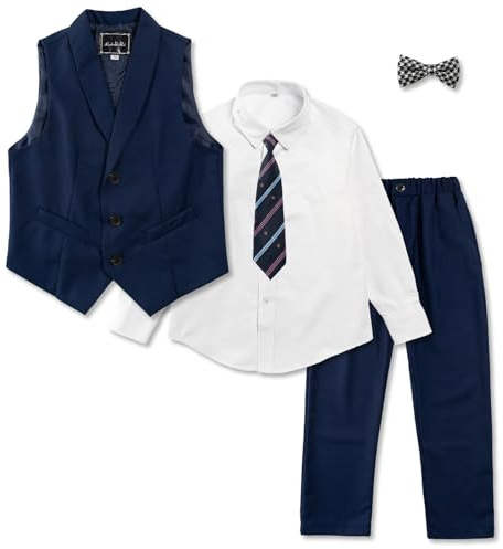 LOLANTA Conjunto de Traje Formal de 5 Piezas para Niños, Chaleco, Pantalones, Camisa y Corbata de Moño para Bodas, Cumpleaños y Fiestas (Azul Marino, 5-6 Años, Talla 120)