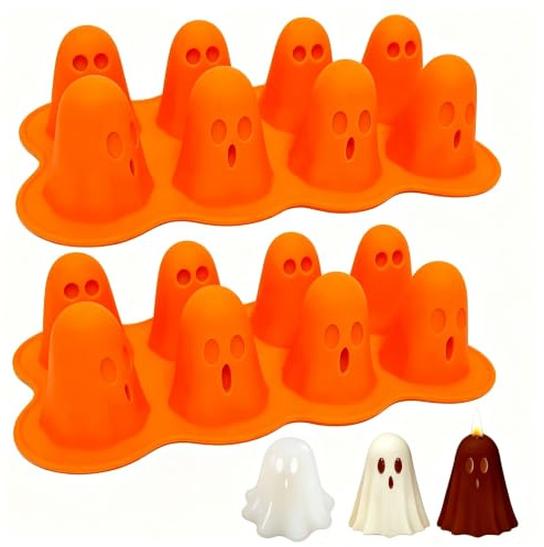 Audasi 2 Pcs Halloween Chocolate Ghost Moulds, 8 Cavity Halloween Ghost Silicone Moulds Silicone Chocolate Moulds Ghost Shaped Baking Mould for Making Ice Cube Jelly Soap Candle Candy Bag