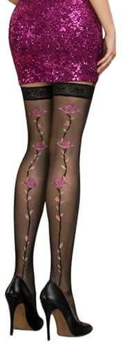 Women's Hold-Up Stockings with Red Rose Pattern Rosette – Elegant Lace Top, Double Silicone Band for Secure Fit, Sheer 20 Denier Lycra, Floral Design, Comfortable Elastic Fit, Sizes S-2XL