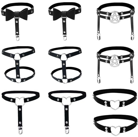 10 Pcs Thigh High Garter Belt with Anti Slip Clips Elastic Punk Gothic Adjustable Thigh Ring Garter Heart Star Shaped Butterfly Knot Leg Garter Faux Leather Thigh Ring Garter Belt for Women