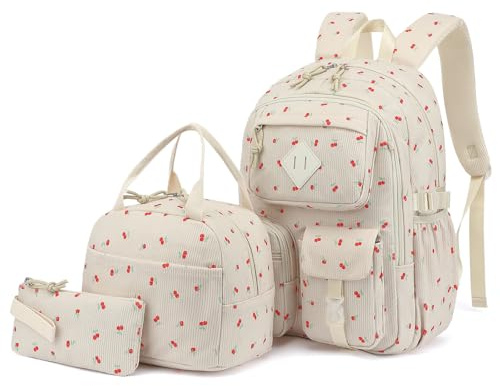 Lrenagao 3Pcs Corduroy School Backpack for Girls, Kids Large Capacity School Bag Bookbags Set with Lunch Box and Pencil Bag (Corduroy Cherry)