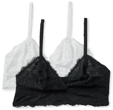 Amazon Essentials Women's Stretch Galloon Lace Unlined Longline Triangle Bralette, Pack of 2, Black/White, X-Large
