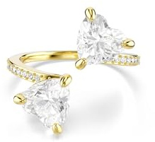Swarovski Bague ouverte Mesmera, sertie de cristaux en forme de cœur pavé blanc, anneau ouvert avec deux Zircones, bande pavée scintillante, finition plaqué ton or, taille 50