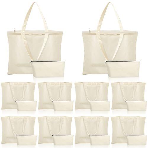 20 Pcs Tote Bag with Zipper, Cotton Canvas Makeup Bag Kitchen Reusable Grocery Pouch Blank Canvas Totes with Handles (Beige, 42 x 33 x 10 cm)