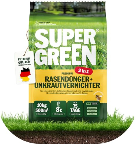 Supergreen Rasendünger mit Unkrautvernichter 2 in 1 | Granulat Dünger mit Stickstoff gegen Löwenzahn und Klee | 10 kg