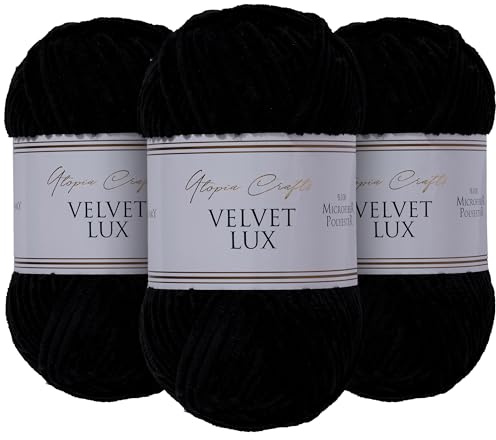 Utopia Crafts Velvet Lux Chenille 3×100g 330m – Laine Douce Pelucheuse pour Tricot & Crochet, Couvertures, Jouets, Amigurumi – Crochet 5,5mm, Oeko-Tex Certifiée (Noir)