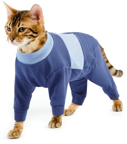 Katzenbekleidung, Katzenbody Nach Op Postoperative Kleidung Anti-Leckende Langarm 4 Beine Einteiler Wunden Oder Operationsstellen Abdecken, Um Lecken Zu Verhindern(Blau, M)