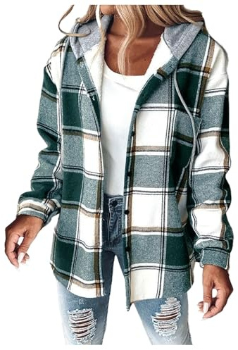 Generisch Chaqueta de franela para mujer, camisa de franela a cuadros, botones y bolsillos, chaqueta de leñador, chaqueta de felpa, forro polar, chaqueta de invierno, blusa con capucha, verde, XXL