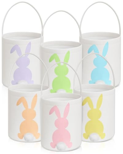 Photect 6 Pcs Easter Canvas Bunny Bucket Basket Bag with Handles for Kids Colorful Rabbit Reusable Egg Hunting Treat Candy Goody Tote Bags for Party Game Favor Gifts Supplies (Pastel)