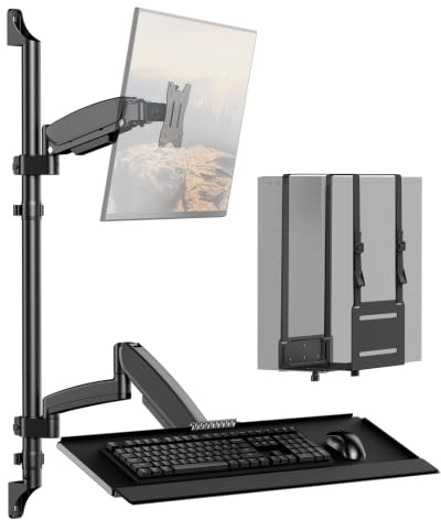 Support mural pour moniteur avec plateau pour clavier et support pour PC, support mural 3 en 1, station de travail réglable en hauteur et bras entièrement mobiles pour écrans de 13 à 32 pouces, VESA