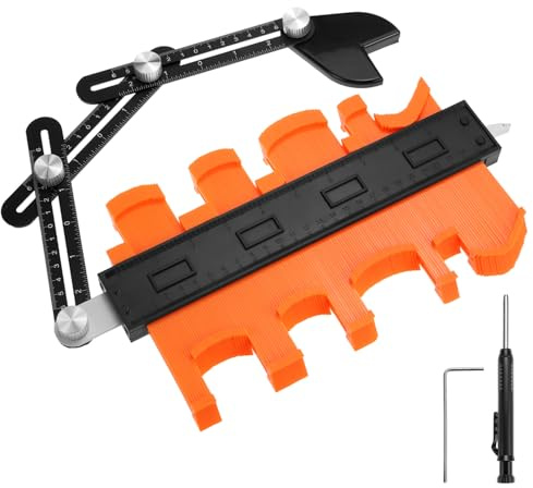 QWORK® Medidor de contornos 25 cm, incluye plantilla de ángulo y marcador de orificios profundos, juego de calibre de perfil preciso para baldosas, laminado y vinilo - para copiar formas y esquinas