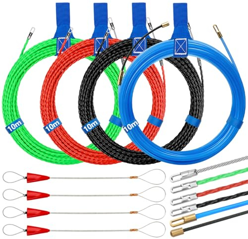 4 Piezas Guia Pasacables Trenzada 10m, 4mm Enhebrador de Alambre Electrico, Guia Pasacables Dispositivo con 8 Muelle de Guía, para Tubería Conducto Cable, Comunicación, Verde, Rojo, Negro, Azul