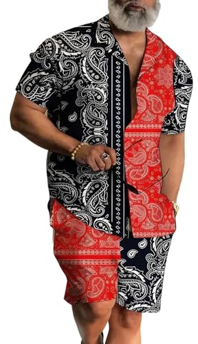 Generisch Camicia a maniche corte e pantaloni corti, set da uomo estivo, 2 pezzi, tuta da spiaggia, alla moda, per il tempo libero, stampa retrò, leggera, da spiaggia, set da uomo