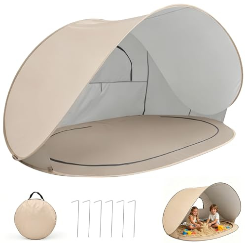 Verbessertes Strandmuschel Pop Up, Tragbar Strandzelt Für 3-4 Personen, abnehmbarem Boden, Strandmuschel UV Schutz 50, Winddicht strandzelt Für Sonnenschutz Strand, Garten (Beige)