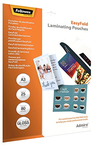Fellowes vorgefaltete Laminierfolien A3 EasyFold für Speisekarten, Glückwunschkarten, 80 Mikron (2 x 80 mic), für DIN A3 (gefaltet DIN A4), 25 Stück