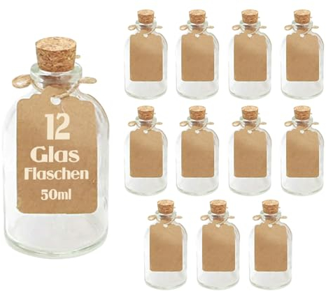 Casavetro - Juego de 12 x jarrones pequeños de 7 cm de Altura, Botellas de Vidrio, decoración, diseño de Flores de Boda, Vidrio, Blanco, 12 x jarrón