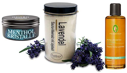 3er Sauna Set Frühlingerwachen - Saunaaufguss Duft Honig Lavendel von Primavera - Saunaöl - Sauna Salz Peeling Lavendel - Dusch- und Körperpeeling & Mentholkristalle von Odoro Essenzen