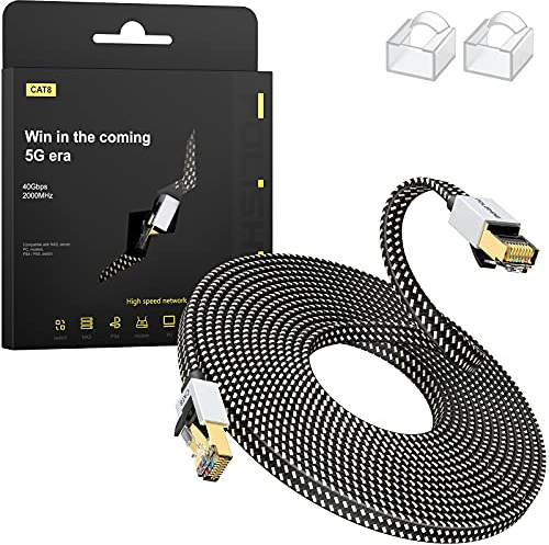 Folishine Câble Ethernet Cat8 10M, cordon de raccordement LAN tressé en nylon haute vitesse, câble plat blindé RJ45 40Gbps 2000Mhz, pour modem/routeur/commutateur, plus rapide que Cat5e/Cat6/Cat7