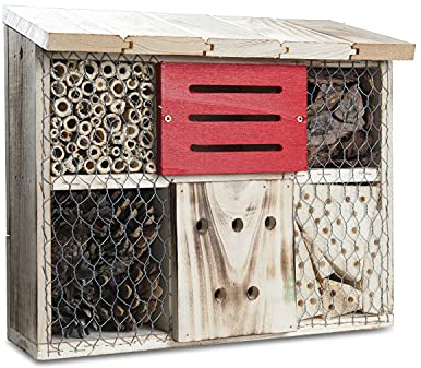 SELVA Insektenhotel, Bienenhotel, Nisthilfe für nützliche Insekten, in Handarbeit gefertigt, aus Massivholz, gefüllt mit Rinde und Schilfrohr