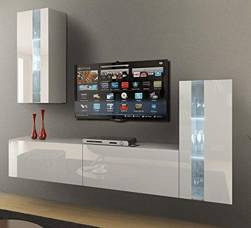 Furnitech Parete soggiorno | Mobili da soggiorno con LED bianco | Appesa parete moderna | Armadio da soggiorno con ripiani e armadio TV (Future 47/HG/W/2 1A)