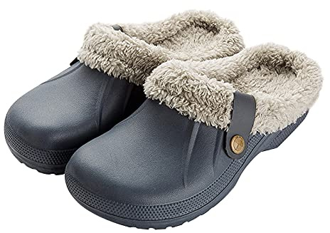 MUYOGRT Waterproof Slippers Womens Mens Fur Lined Garden Clogs Unisex Mules Winter Warm Comfy Garden Shoes Lightweight Anti-Slip House Slippers Indoor Outdoor Navy