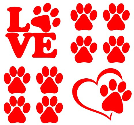 Confezione Adesivi Zampe Cane Zampe Cuore Love Zampe 10 Pezzi per Auto o Moto Bici o Monopattino (Rosso)
