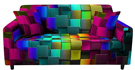 Highdi Geometry Sofa Cover 1/2/3/4 Seater, 3D Cube Sofa Slipcover Stretch Washable Furniture Protector Non Slip Sofa Covers for Loveseat Couch Sofa (Neon color,2 Seater)