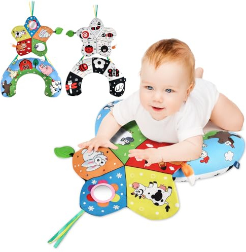 Vicloon Cojín para Bebés,Cojín de Actividades,Estera del Bebé en Blanco y Negro,Cojín interactivo para bebé,Almohada de Bebe con Mordedor y Espejo,Juguetes de Bebés con Papel Crepé para Recién Nacido