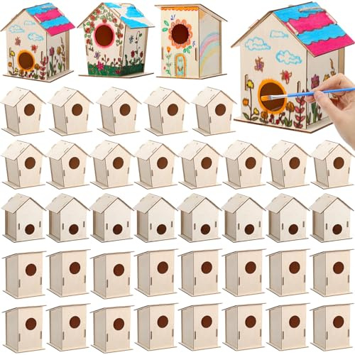 DoubleFill 24 Pcs Bulk Wooden Bird Houses Kits for Kids DIY Bird House Kit Unfinished Wood Birdhouse Wooden Crafts to Paint, Build, and DIY for Valentines Crafts Classroom Activity, 3 Styles