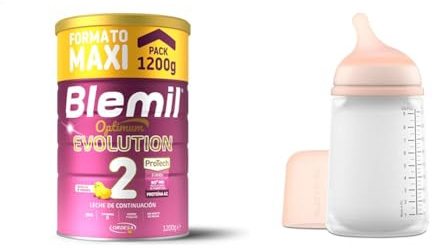 Blemil 2 Optimum Evolution, 1200g, Leche de Continuación en Polvo para Bebé Desde los 6 Meses, Formato Ahorro + Suavinex, Biberón Anticólico Zero Zero, con Tetina de Flujo Medio (M) de Silicona