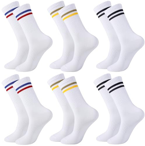 Yamitora 6 Paar Tennissocken Baumwolle Sportsocken Herren, Freizeitsocken,Alltagssocken,Atmungsaktive Crew Socken für Herren Damen,39-44 Weiß Lange Baumwollsocken(Blau-Rot+Gelb-Braun+Schwarz)